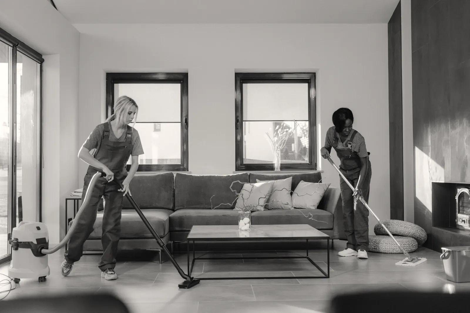 Two women in work uniforms cleaning a bright living room with a vacuum and a mop.