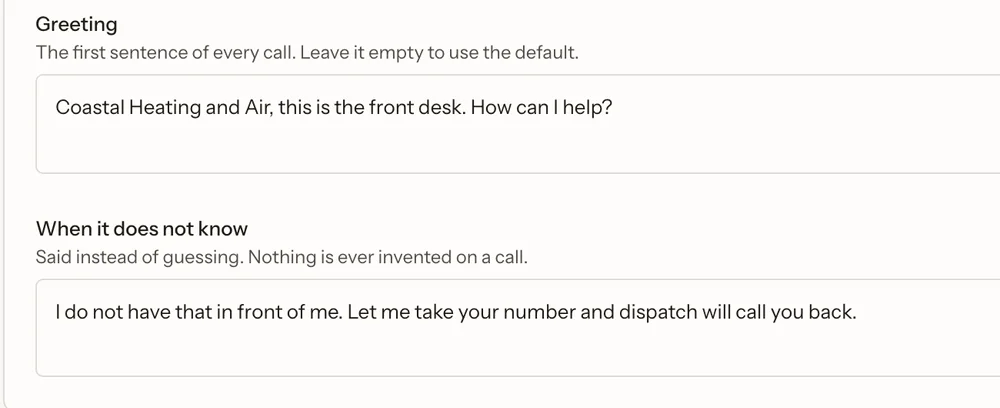 The settings page for a demo HVAC company, showing the greeting field and the line it says when it does not know an answer.