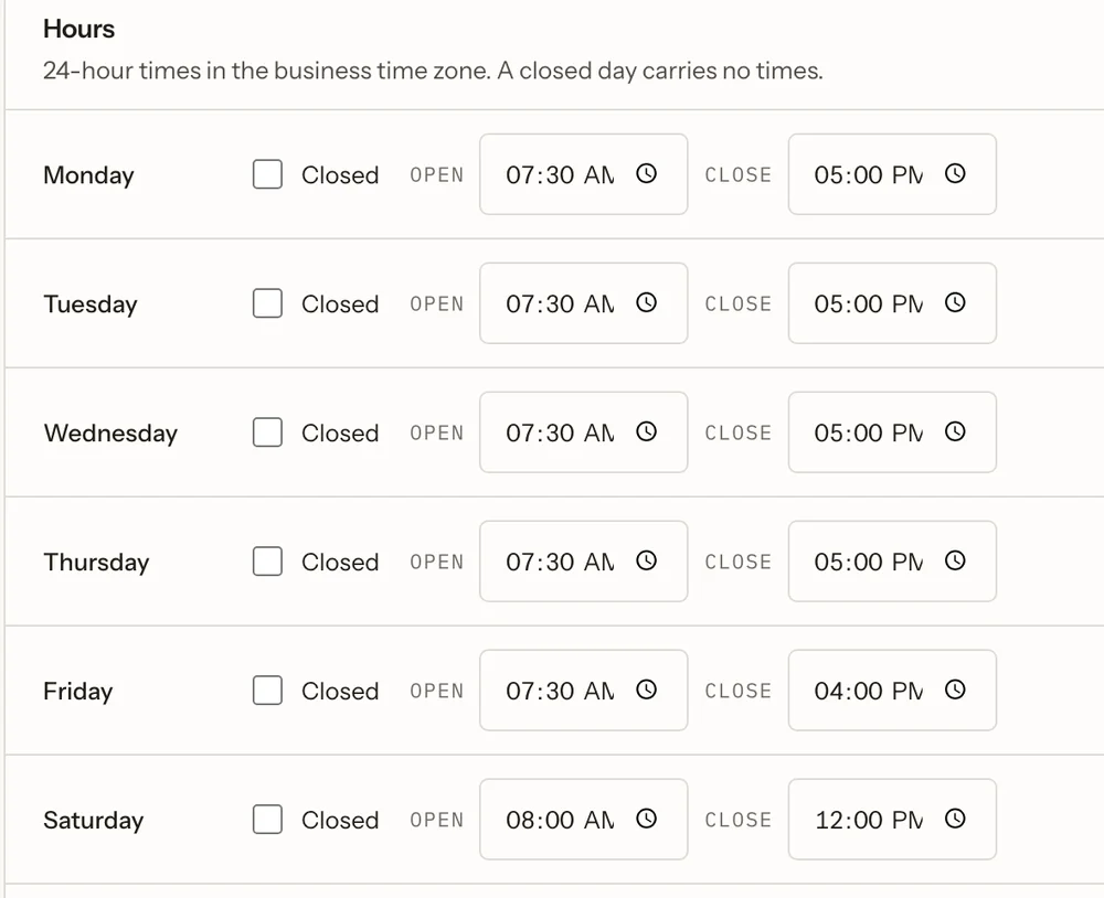 The hours section of the settings page: open and close times for Monday to Saturday, Sunday closed, and a Thanksgiving closure.