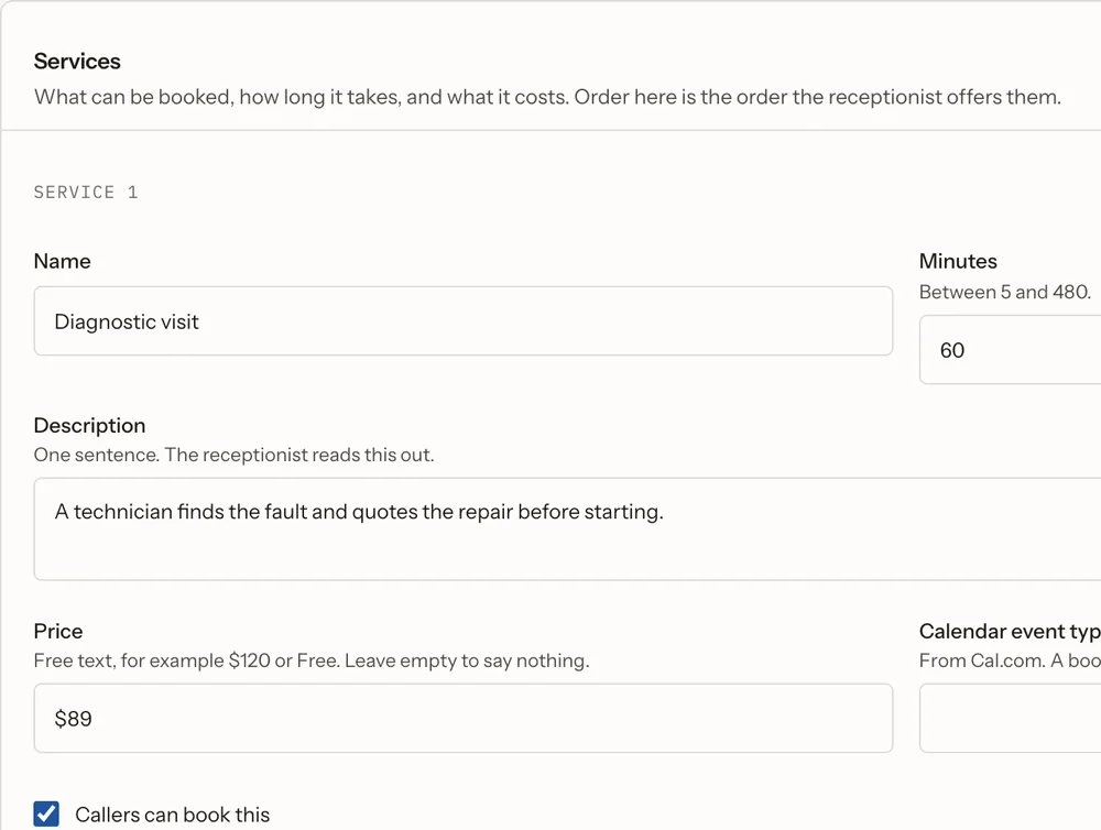 The services section of the settings page: a diagnostic visit at $89 for 60 minutes, with its description and a box that lets callers book it.